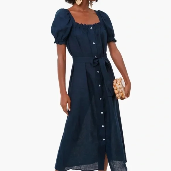Sleeper | Dresses | Sleeper Navy Brigitte Midi Linen Dress Size Large Nwt |  Poshmark